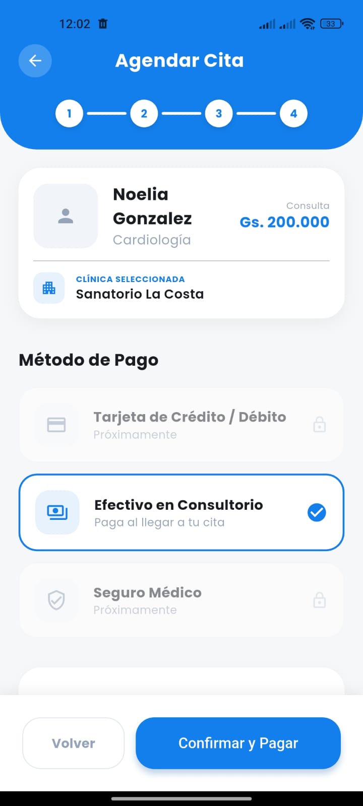 Pantalla de confirmación de turno con resumen de la consulta y método de pago